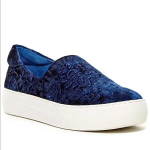 J/Slide Blue Velvet Floral Print Slip Ons